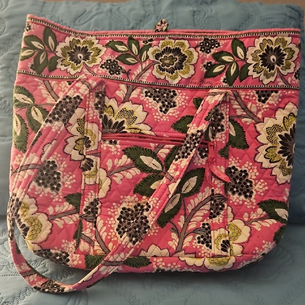 Vera Bradley Pink and Green Quilted Tote with Paisley-Floral Design